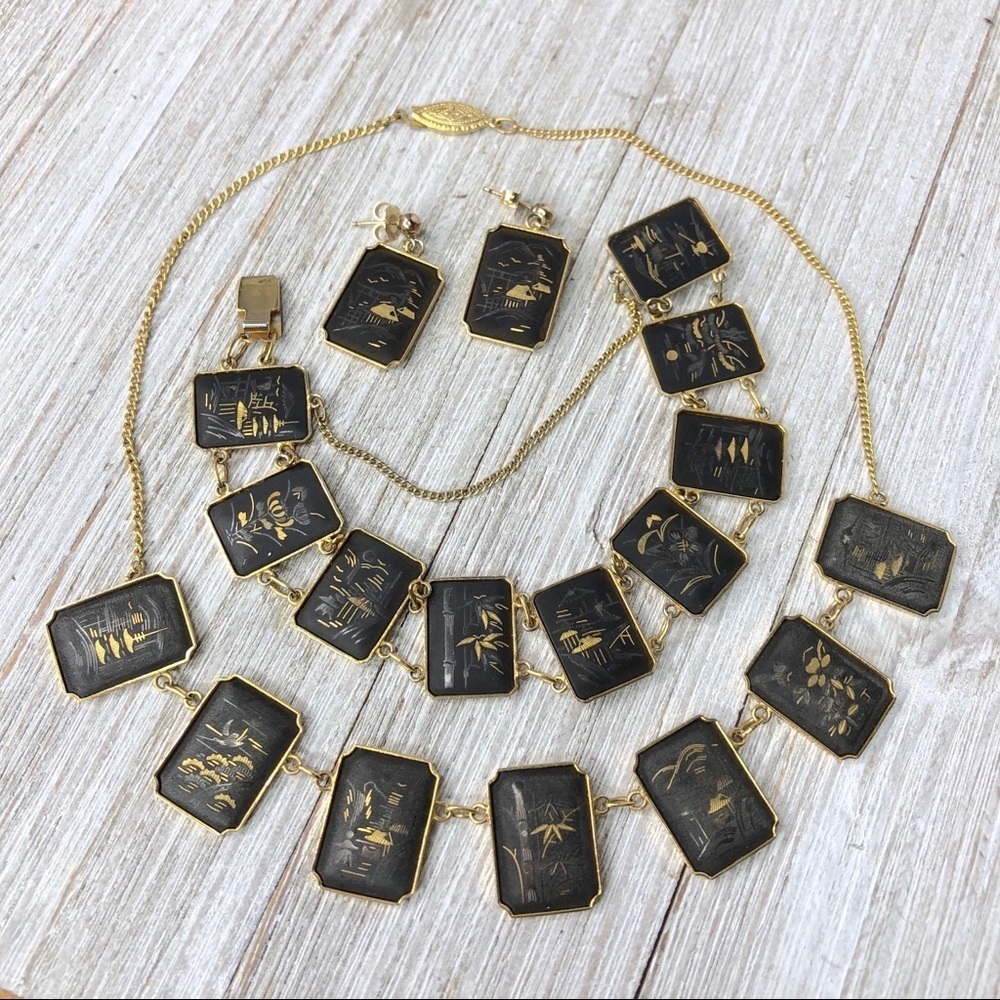 Vintage Amita Japan Damascene Landscape Parure Set